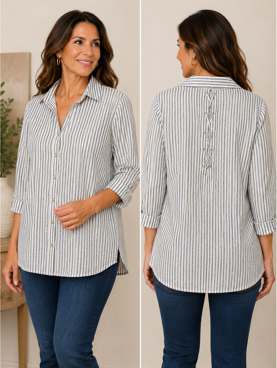 Jones New York Tops - Jones New York Signature Women's Striped Button-Up Shirt with Back Lace-Up